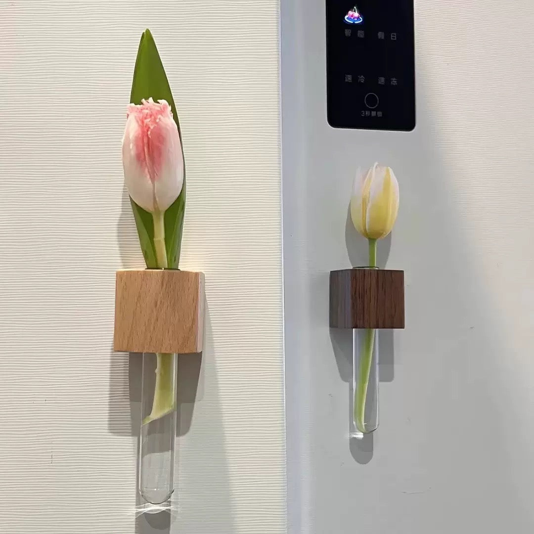 Wooden Test Tube Vase DIY Flower Arrangement Magnetic Simulation Flower Vase Refrigerator Sticker Home Kitchen Decoration - WonderWonders