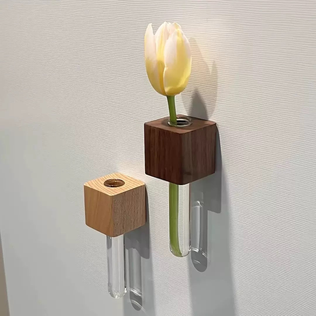Wooden Test Tube Vase DIY Flower Arrangement Magnetic Simulation Flower Vase Refrigerator Sticker Home Kitchen Decoration - WonderWonders